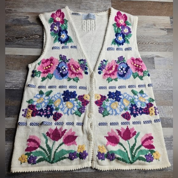 Jantzen Classics Handknit Vintage Sweater Vest Cream With Florals Size XL - Picture 1 of 14